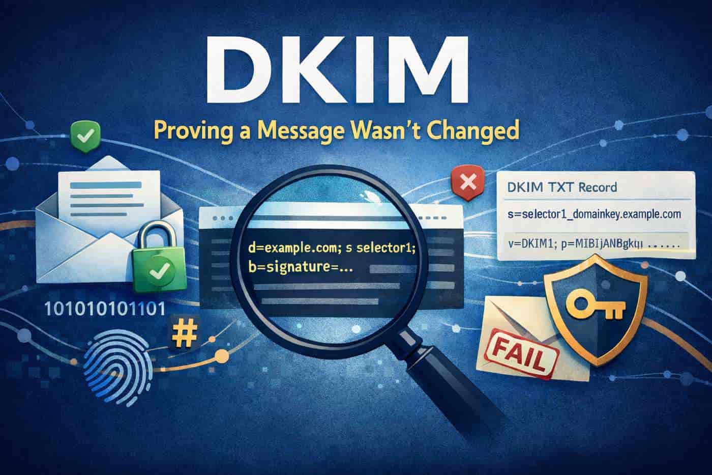 Illustration showing DKIM email authentication, where a cryptographic signature is verified against a public key in DNS to confirm the message was not altered.
