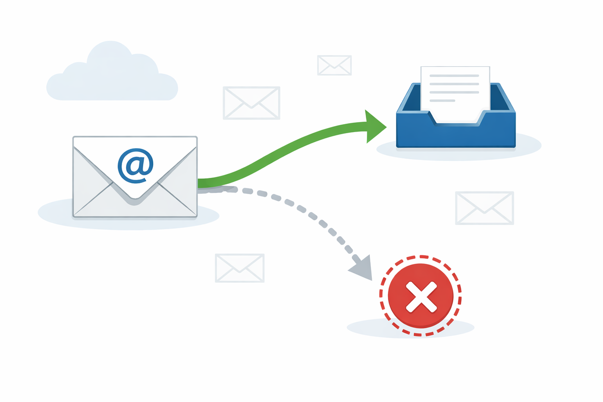 Diagram showing an email being delivered to an inbox while another message is blocked or rejected during delivery