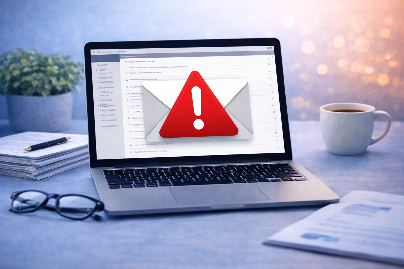 Illustration showing a workplace laptop with an email warning symbol, representing an email mistake at work
