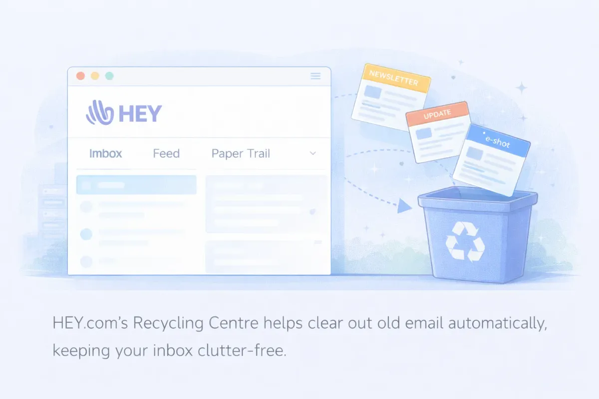 HEY email inbox showing the Recycling Centre automatically sorting newsletters, updates, and e-shots to keep the inbox clean and organised.