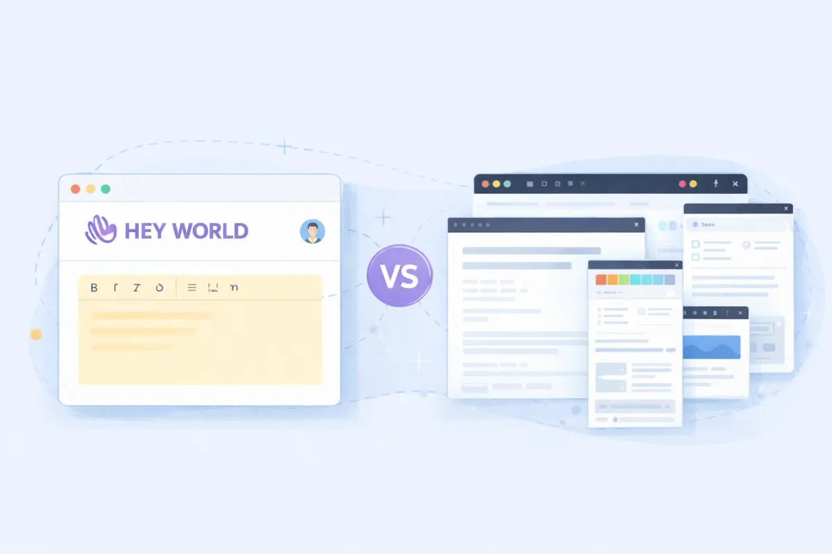 Illustration comparing HEY World with complex website builders, showing a simple writing interface versus multiple overlapping web dashboards.
