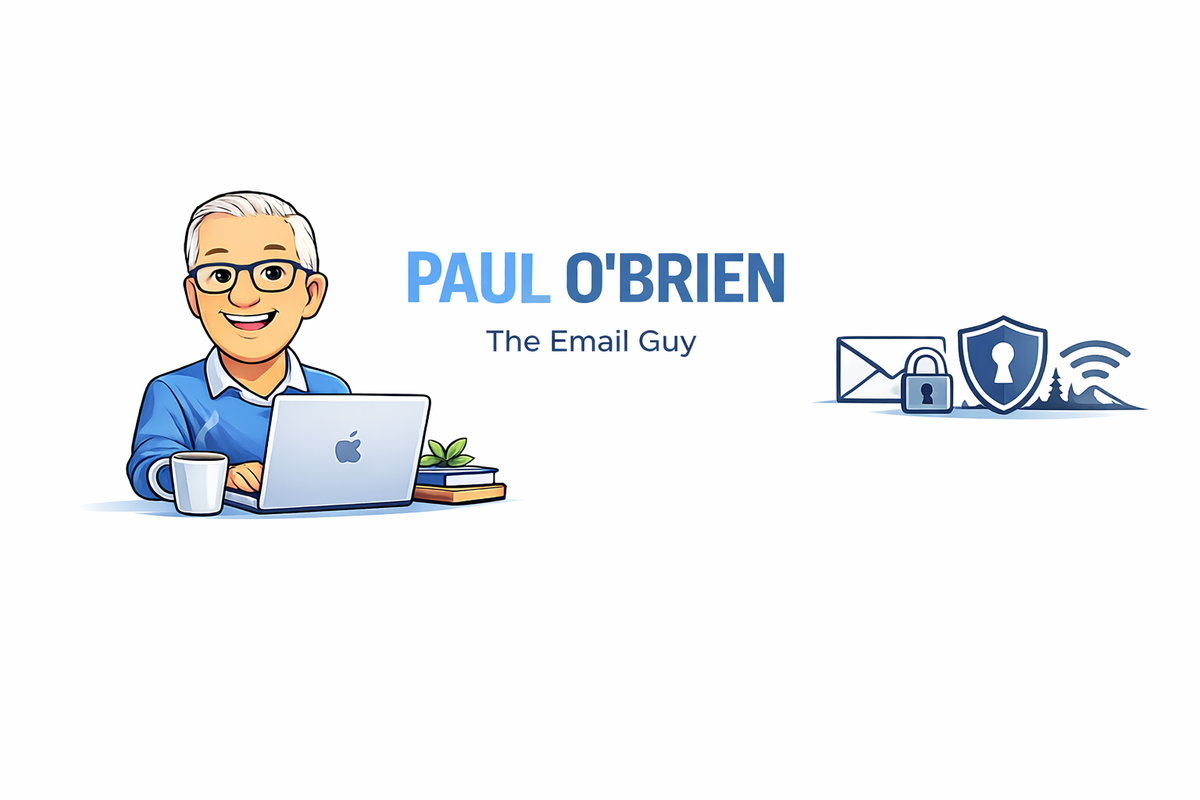 Illustration of Paul O’Brien, The Email Guy, working on a laptop with email, privacy, and security icons, representing email productivity and privacy-first tools.