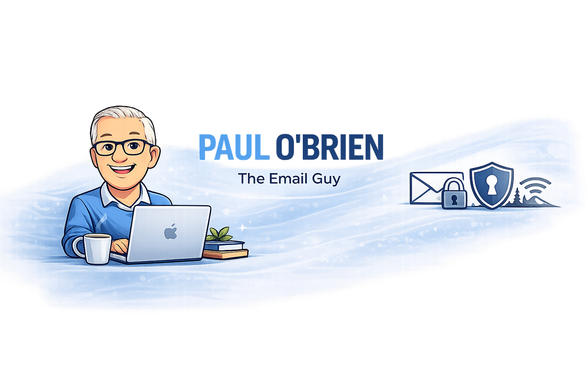 Illustration of Paul O’Brien, The Email Guy, with email and privacy icons, representing the newsletter signup