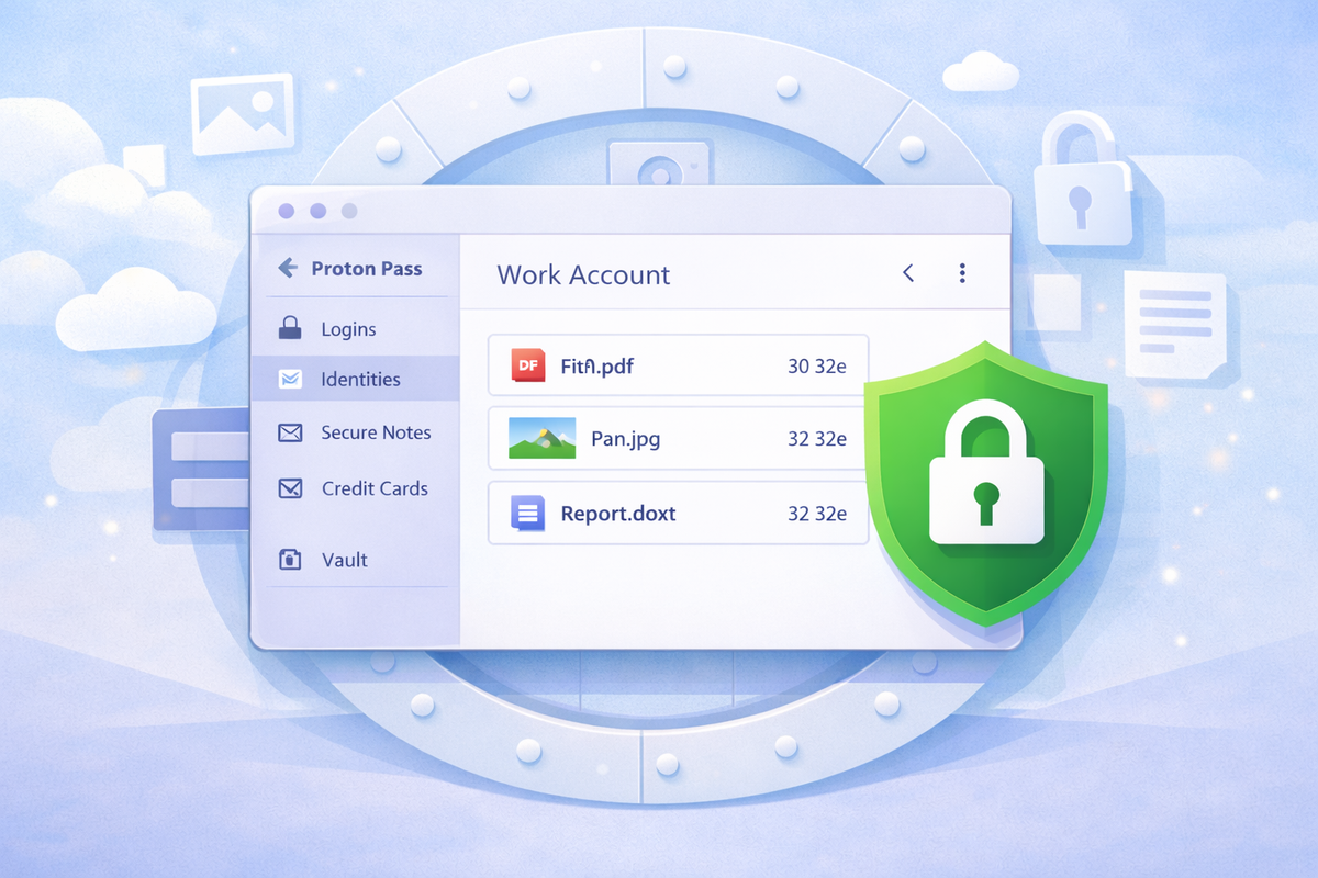 Proton Pass interface showing encrypted file attachments stored alongside vault items.