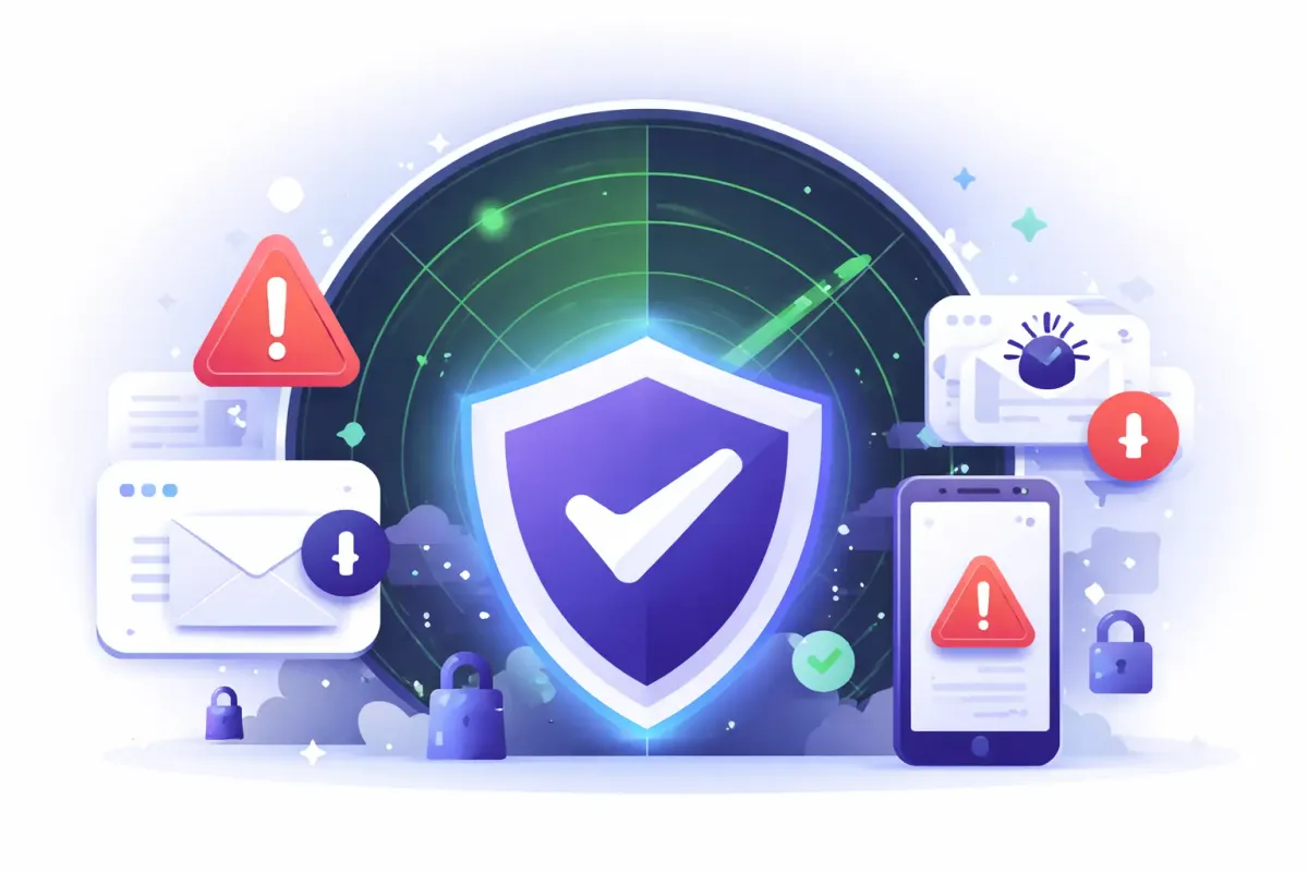 Illustration showing Proton Sentinel protecting an account from security threats such as phishing and suspicious logins.