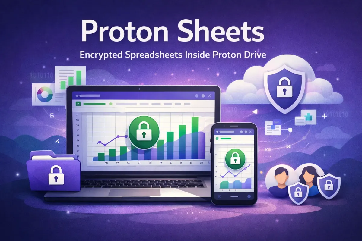 Illustration showing Proton Sheets inside Proton Drive, representing encrypted spreadsheets and privacy-focused productivity.