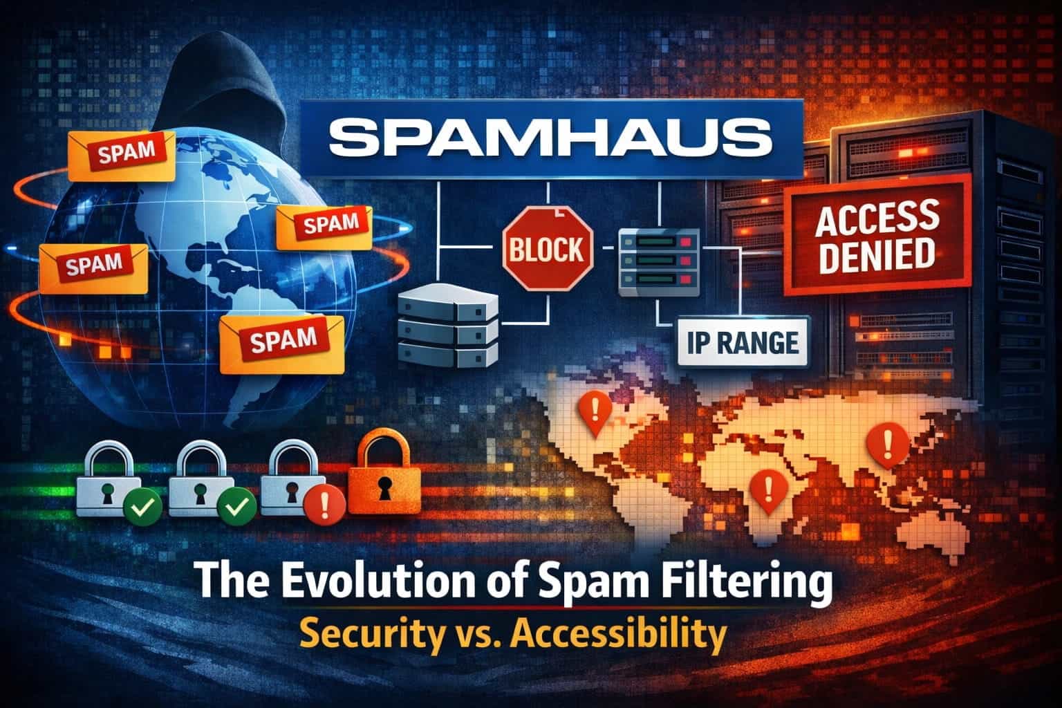 Illustration showing the evolution of spam filtering, with abusive email traffic being blocked at the infrastructure level while subtler threats pass through