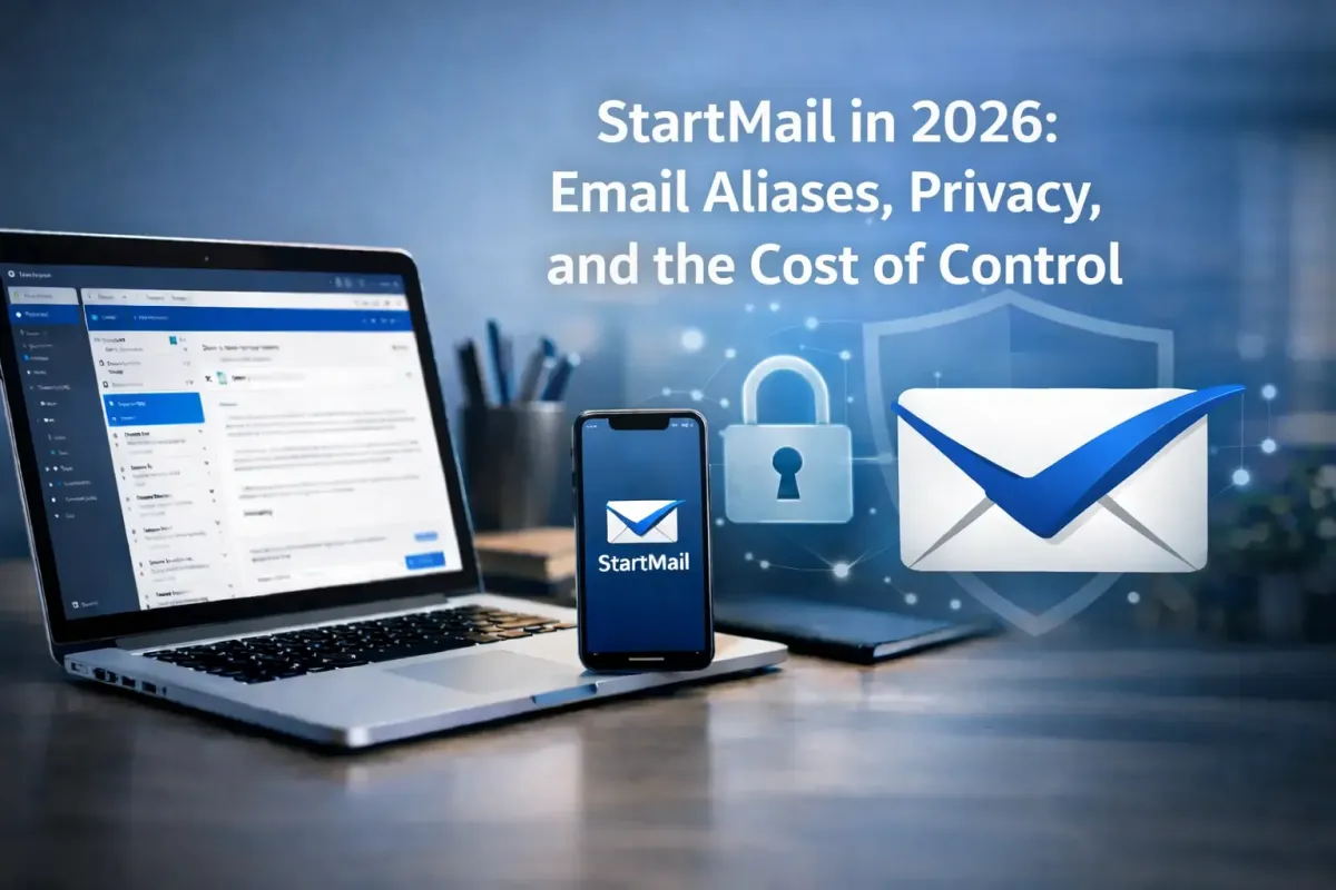StartMail shown on desktop and mobile devices, illustrating email aliases, privacy features, and secure inbox control in 2026