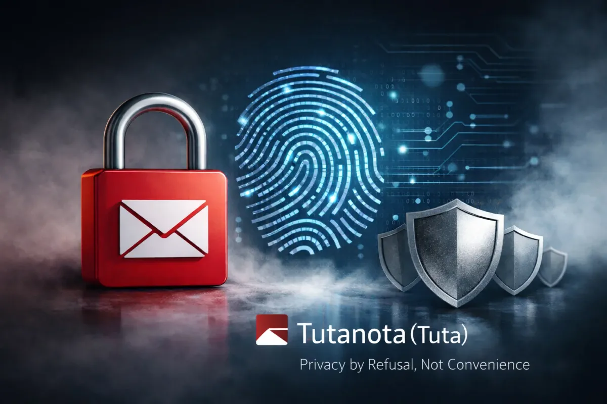 Tutanota (Tuta) feature image showing a locked email icon, fingerprint, and shield to represent maximum encryption and minimal data exposure.