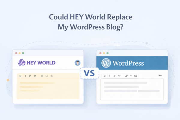 Illustration comparing HEY World and WordPress as blogging platforms
