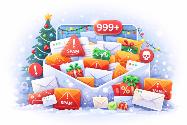 Illustration showing an email inbox overwhelmed by spam and promotional messages during the holiday season.
