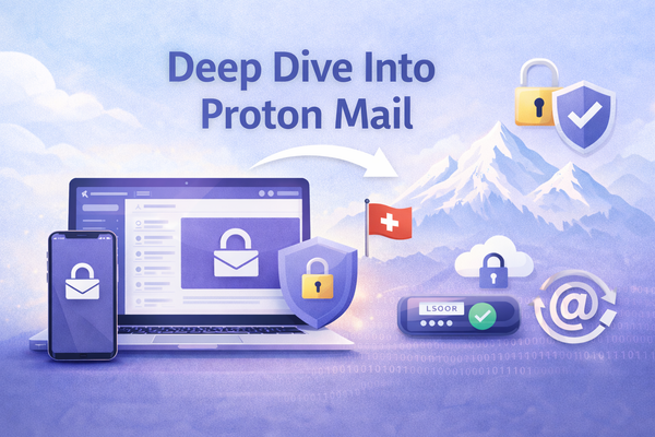 Illustration showing Proton Mail’s encrypted email service across desktop and mobile devices, highlighting privacy and security features