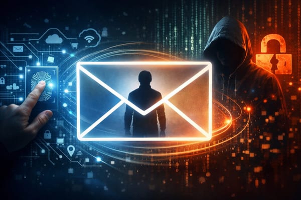 Editorial illustration showing an email address acting as a central link between multiple online services, highlighting privacy risk and identity exposure