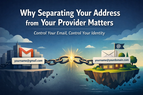Illustration showing an email address being separated from its provider, highlighting the difference between provider-owned addresses and using a personal domain for email.