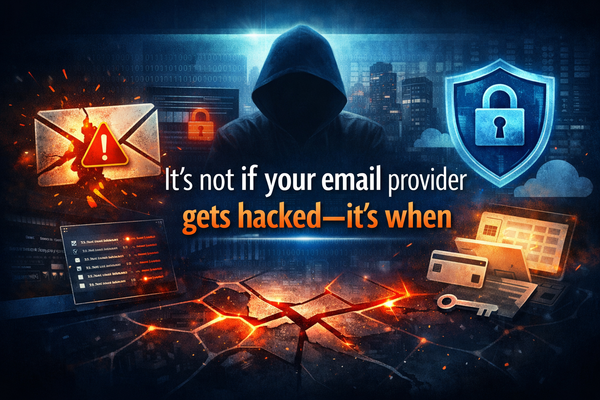 Illustration showing email security risks and the inevitability of data breaches, with a locked shield protecting an inbox