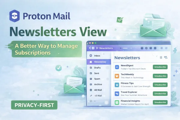 Illustration showing Proton Mail’s Newsletters view organising email subscriptions in a separate inbox tab