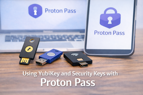 Hardware security keys, including a YubiKey, used with Proton Pass for two-factor authentication