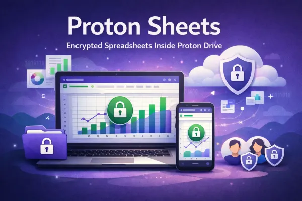 Illustration showing Proton Sheets inside Proton Drive, representing encrypted spreadsheets and privacy-focused productivity.
