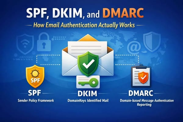 Diagram explaining how SPF, DKIM, and DMARC work together to authenticate email, verify sending domains, and prevent spoofing.