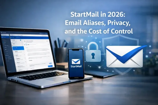 StartMail shown on desktop and mobile devices, illustrating email aliases, privacy features, and secure inbox control in 2026