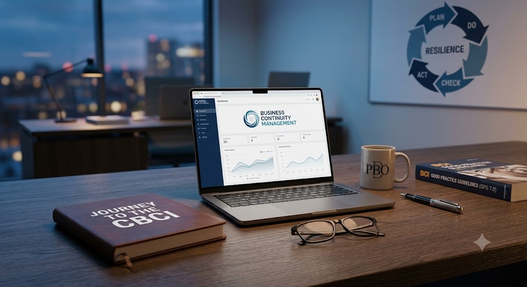 A close-up photograph of Paul O'Brien's workstation, showing open books on Business Continuity (CBCI) alongside a notebook and laptop displaying resilience insights.
