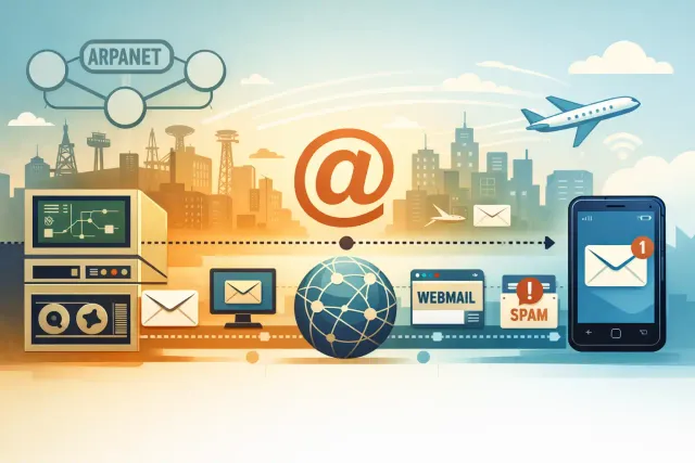 Illustration showing the history and evolution of email from ARPANET mainframes to modern mobile devices.