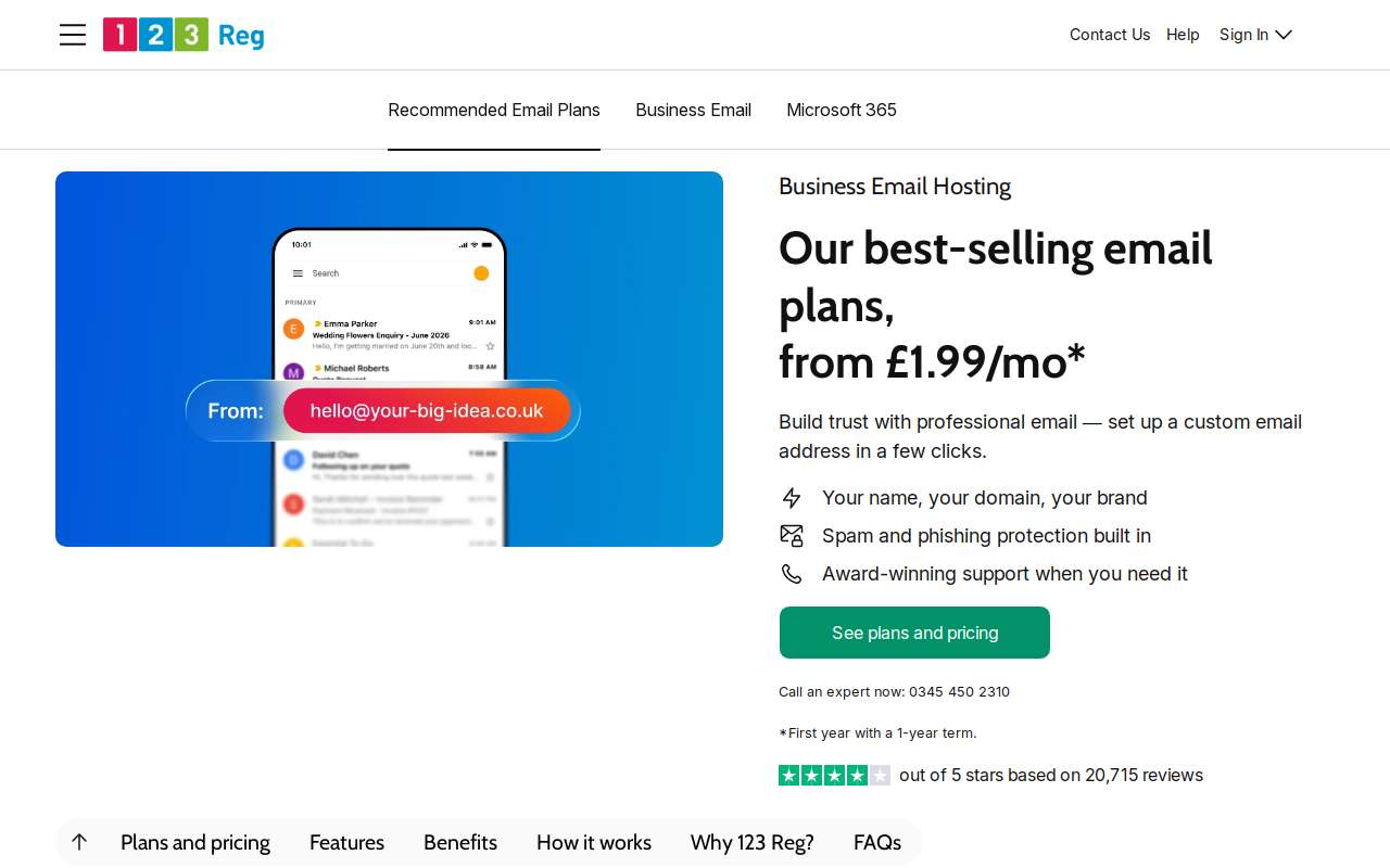 The 123 Reg home page, as my checks saw it