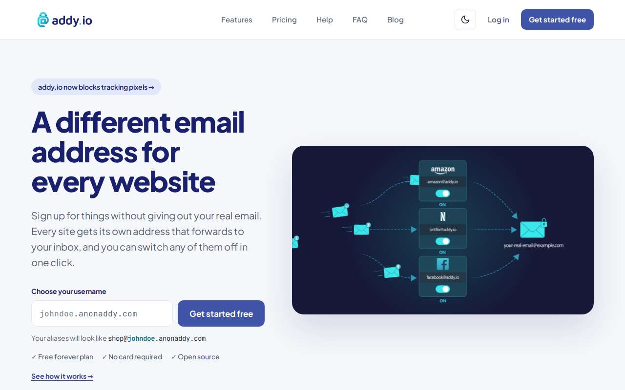 The addy.io home page, as my checks saw it