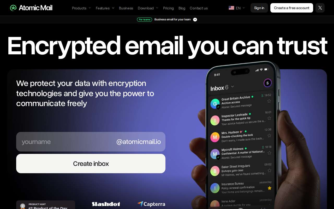 The Atomic Mail home page, as my checks saw it