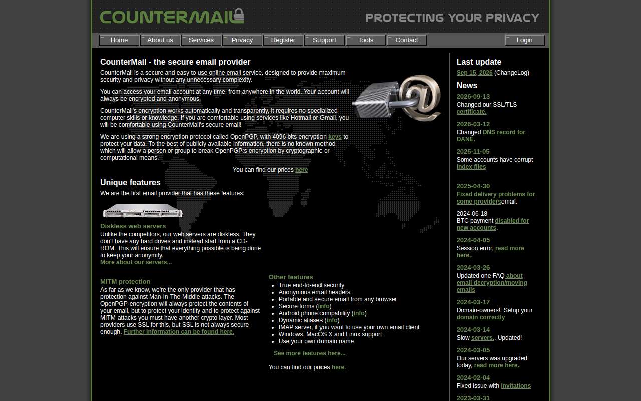 The CounterMail home page, as my checks saw it