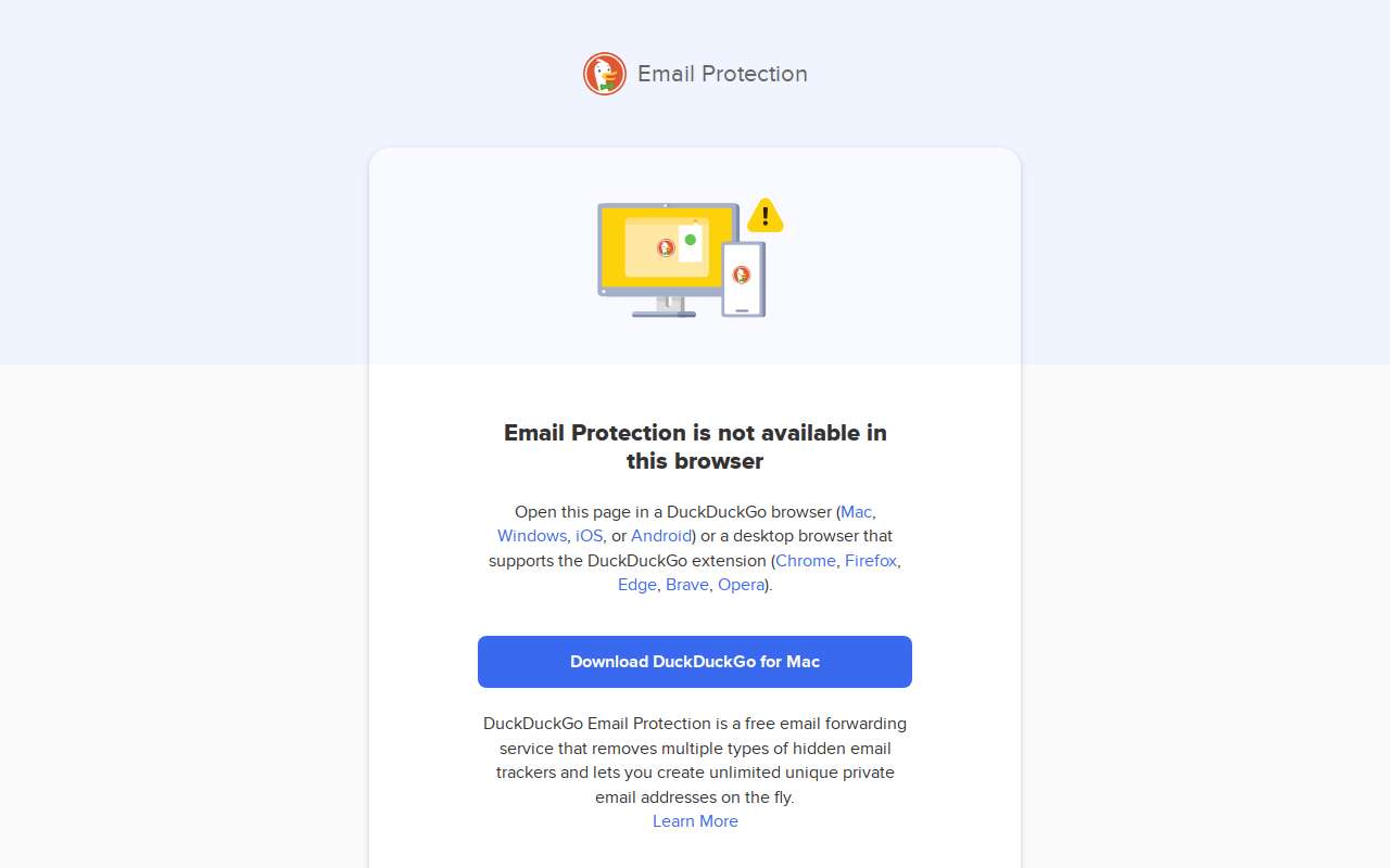 The DuckDuckGo Email Protection home page, as my checks saw it