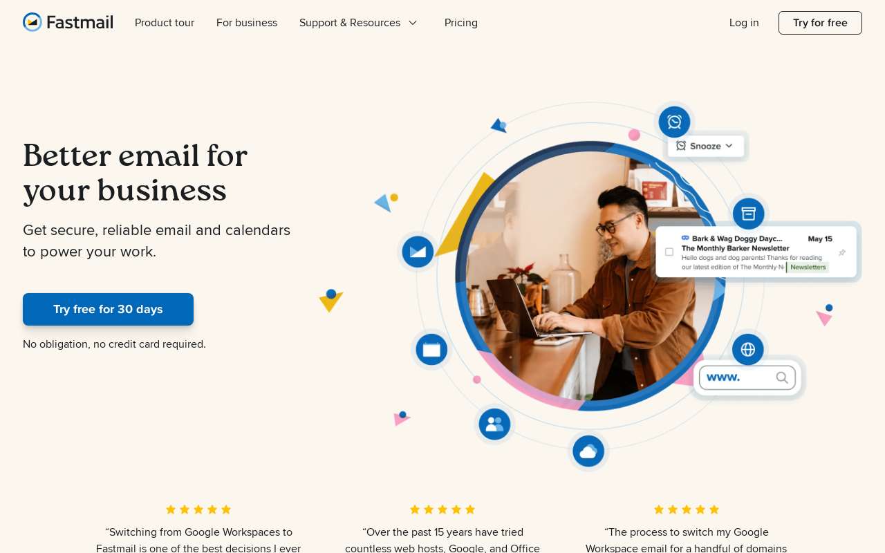 The Fastmail for Business home page, as my checks saw it
