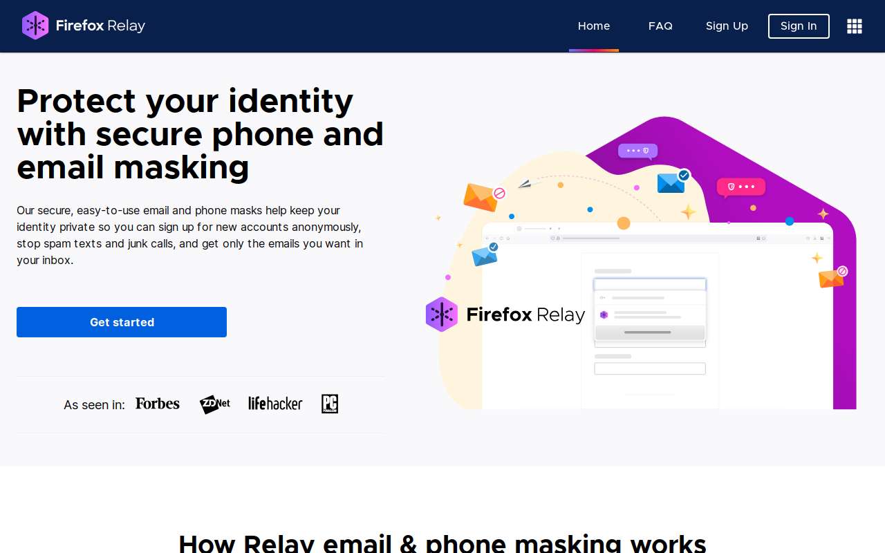The Firefox Relay home page, as my checks saw it