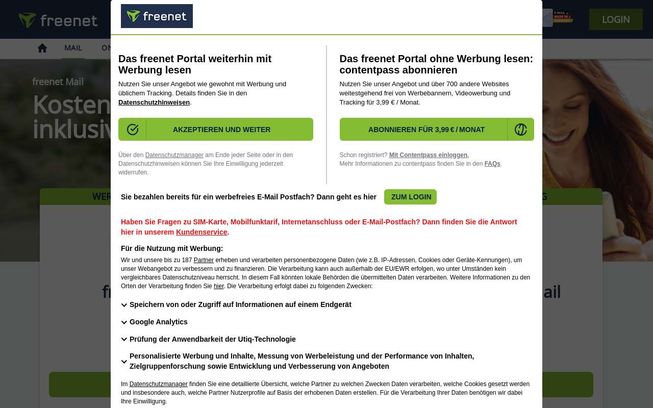 The freenet Mail home page, as my checks saw it
