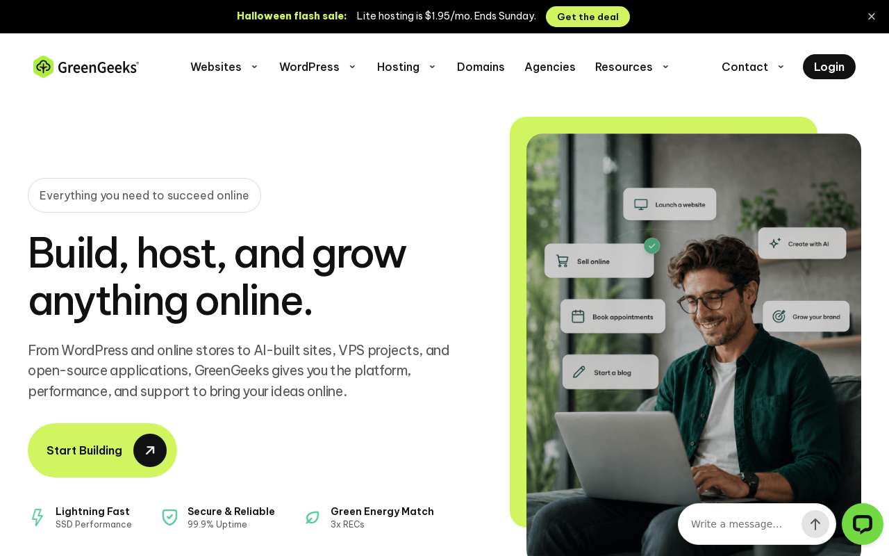 The GreenGeeks home page, as my checks saw it