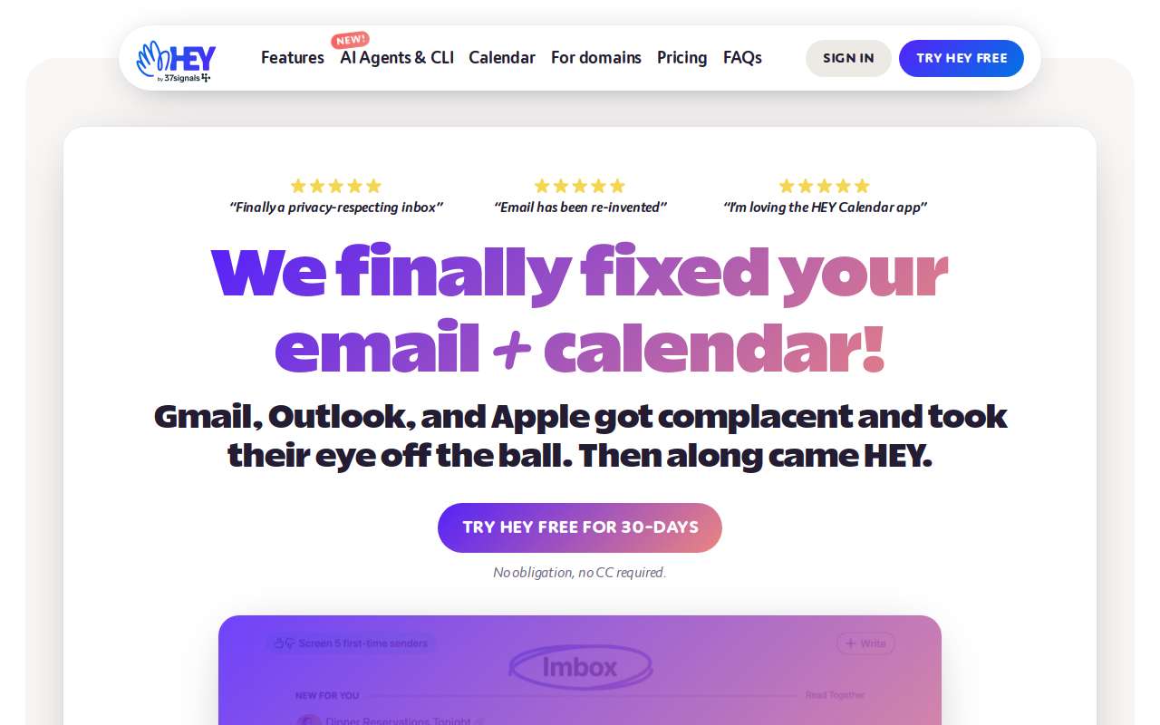 The HEY home page, as my checks saw it