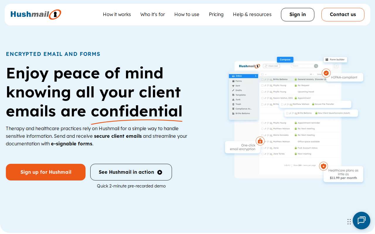 The Hushmail home page, as my checks saw it