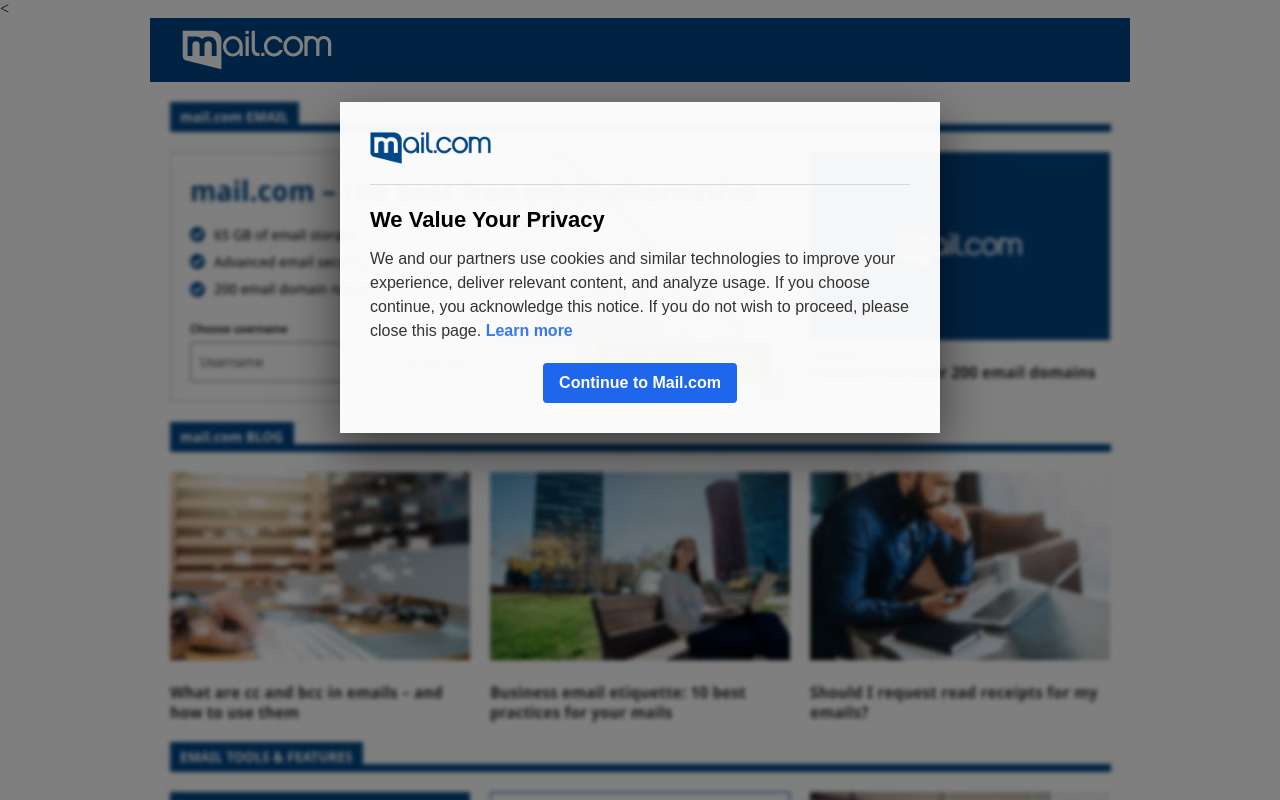 The mail.com home page, as my checks saw it