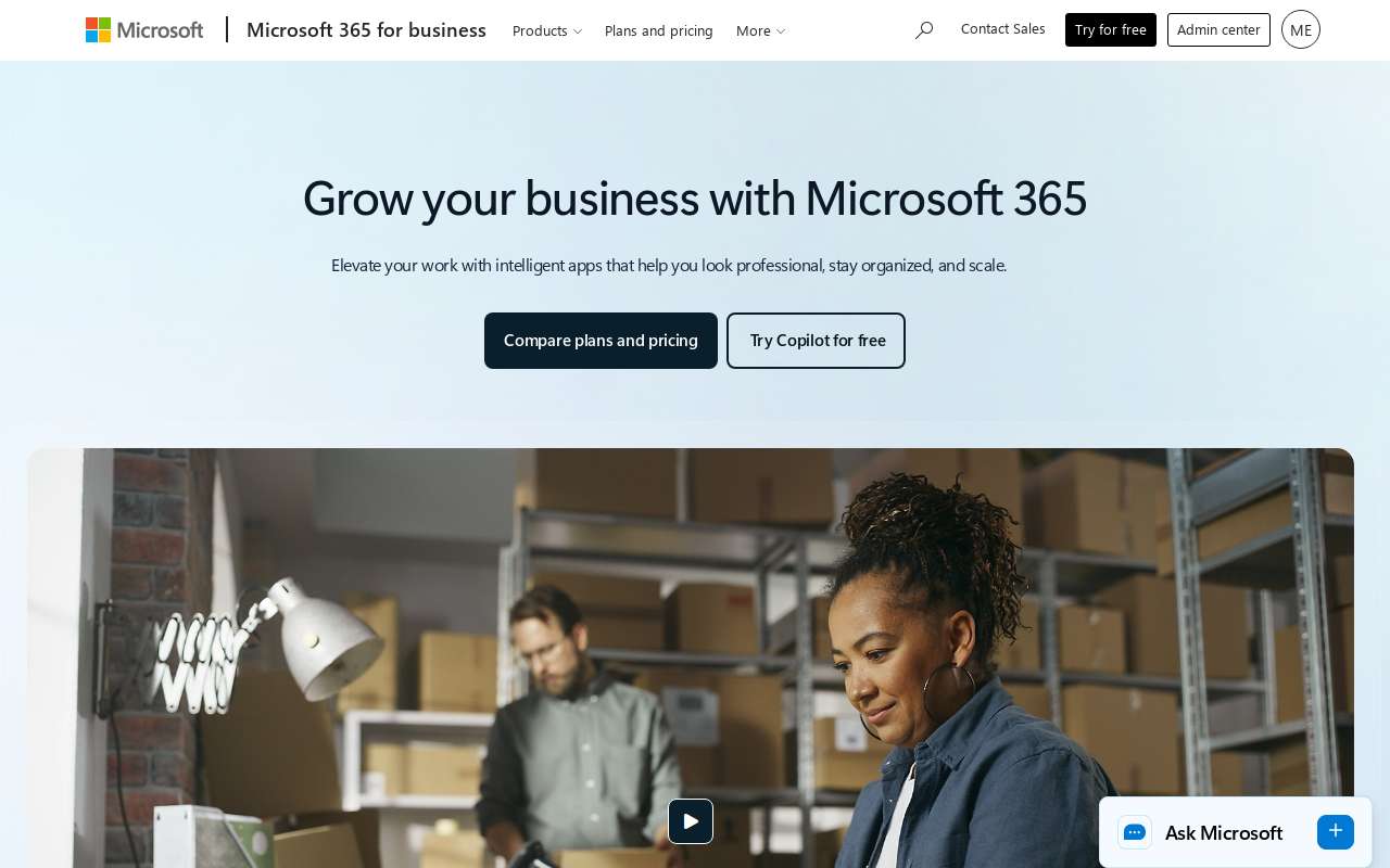 The Microsoft 365 Business home page, as my checks saw it