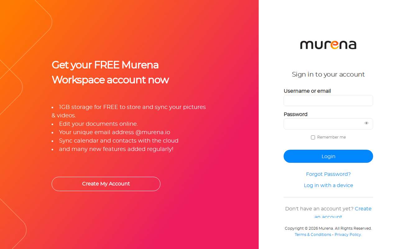The Murena Workspace home page, as my checks saw it