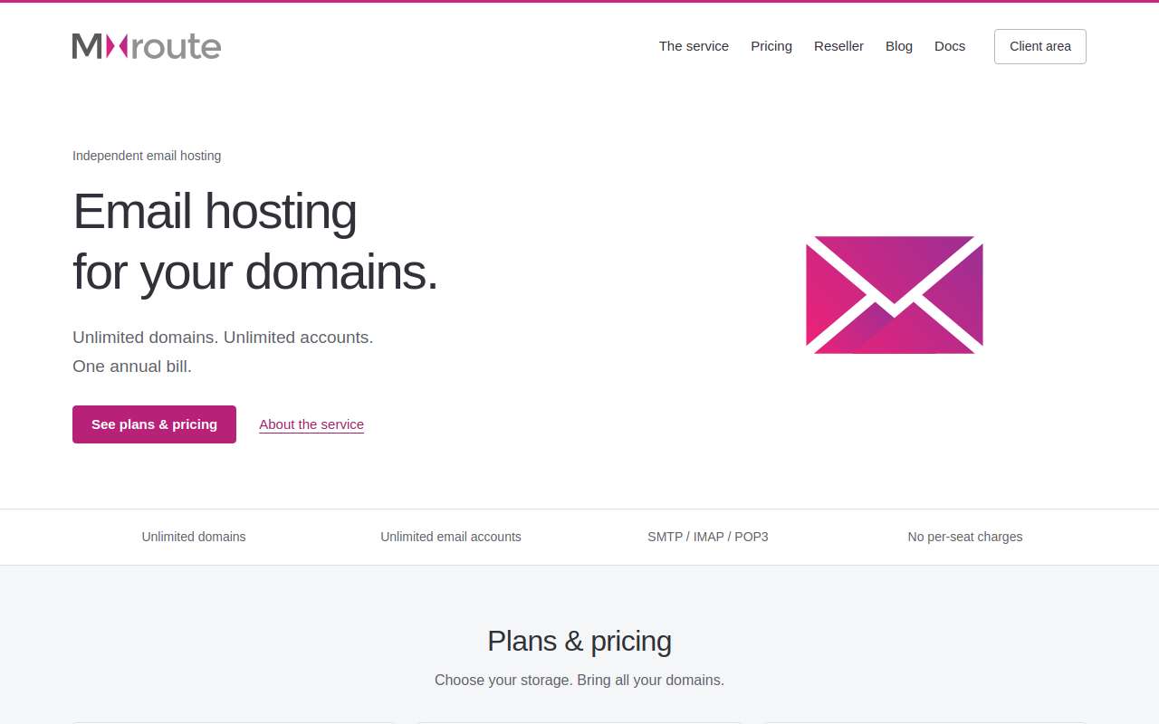 The MXroute home page, as my checks saw it