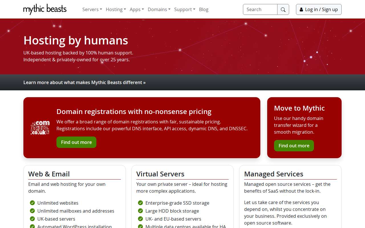 The Mythic Beasts home page, as my checks saw it