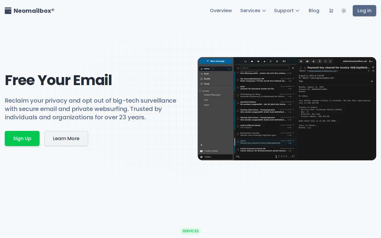 The Neomailbox home page, as my checks saw it