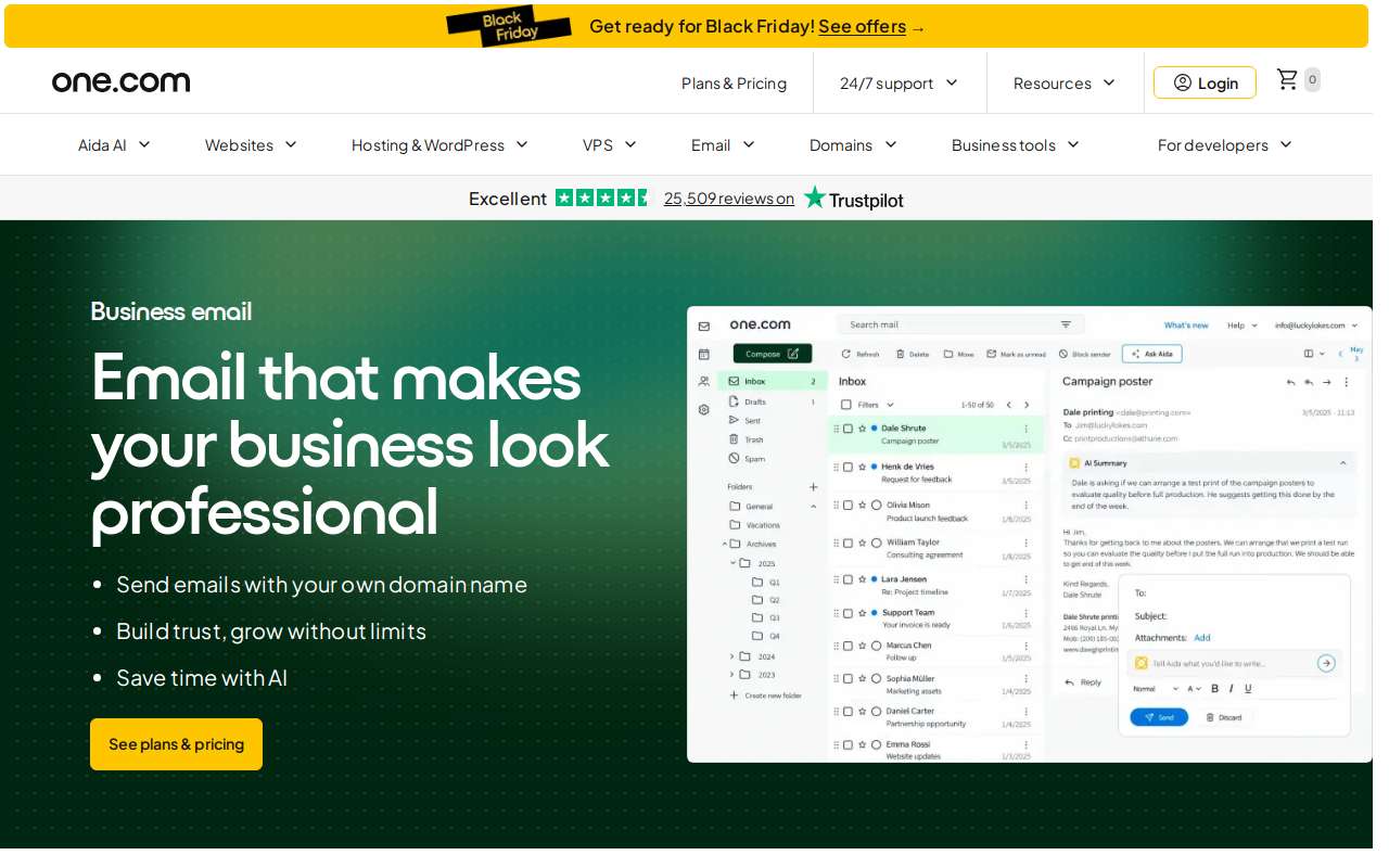 The one.com home page, as my checks saw it