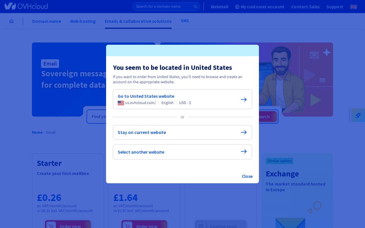 The OVHcloud Email home page, as my checks saw it