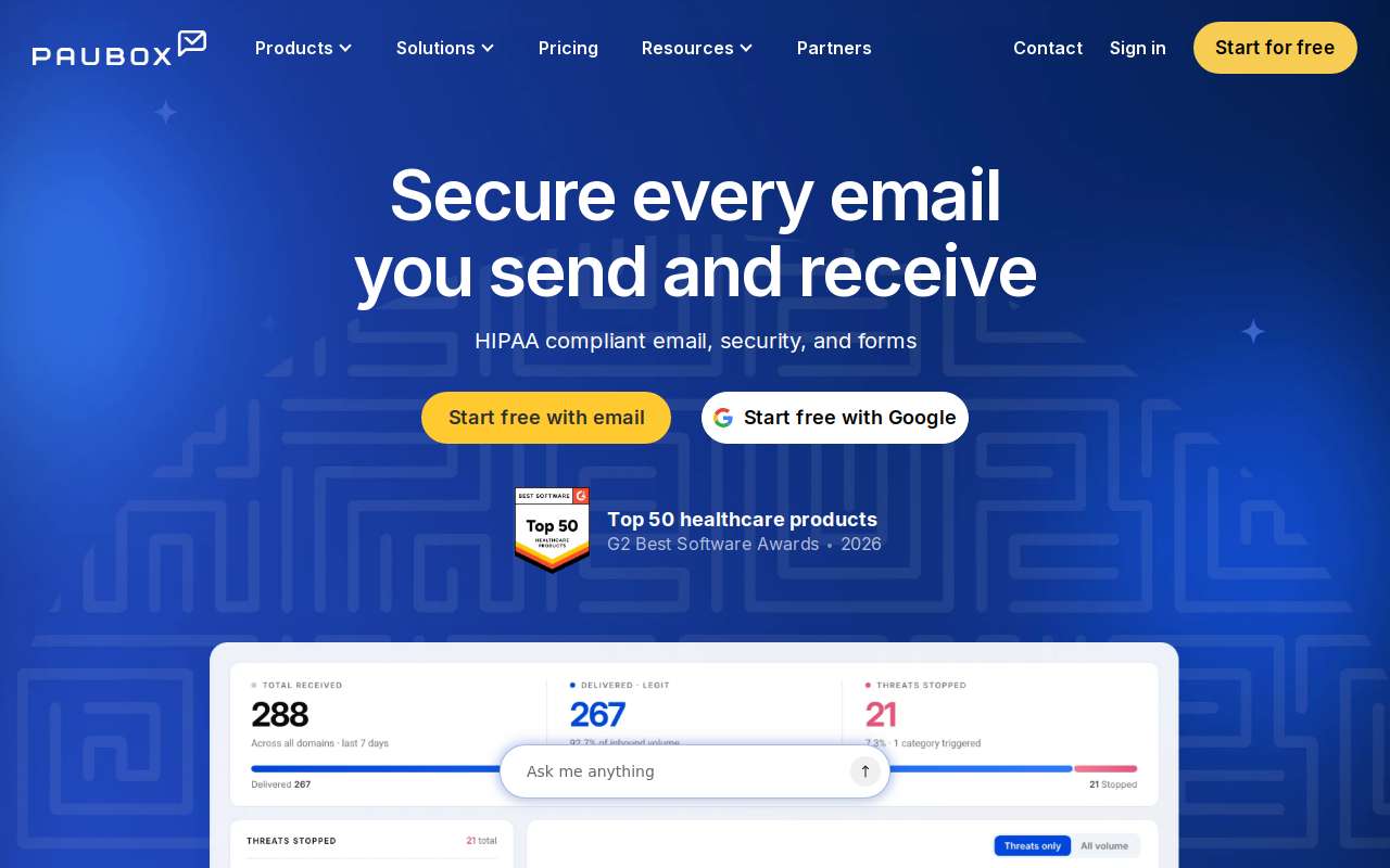 The Paubox home page, as my checks saw it