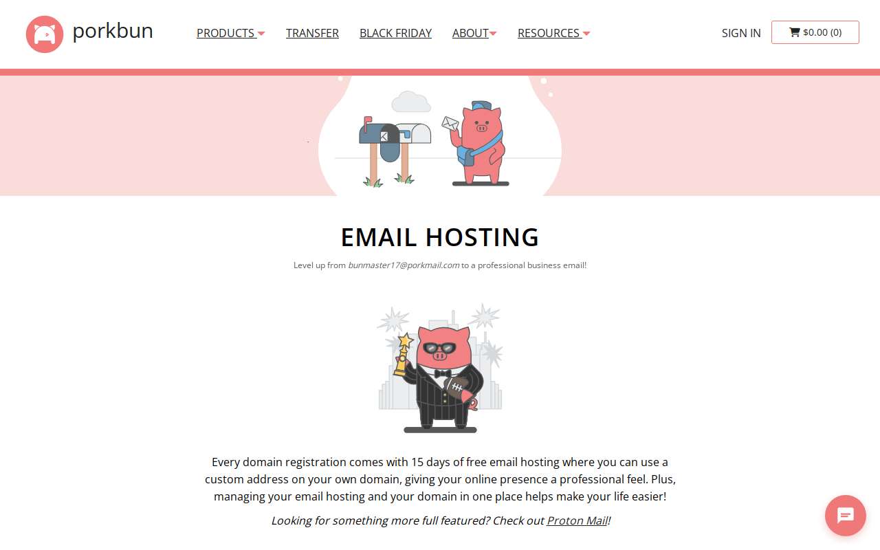 The Porkbun Email home page, as my checks saw it