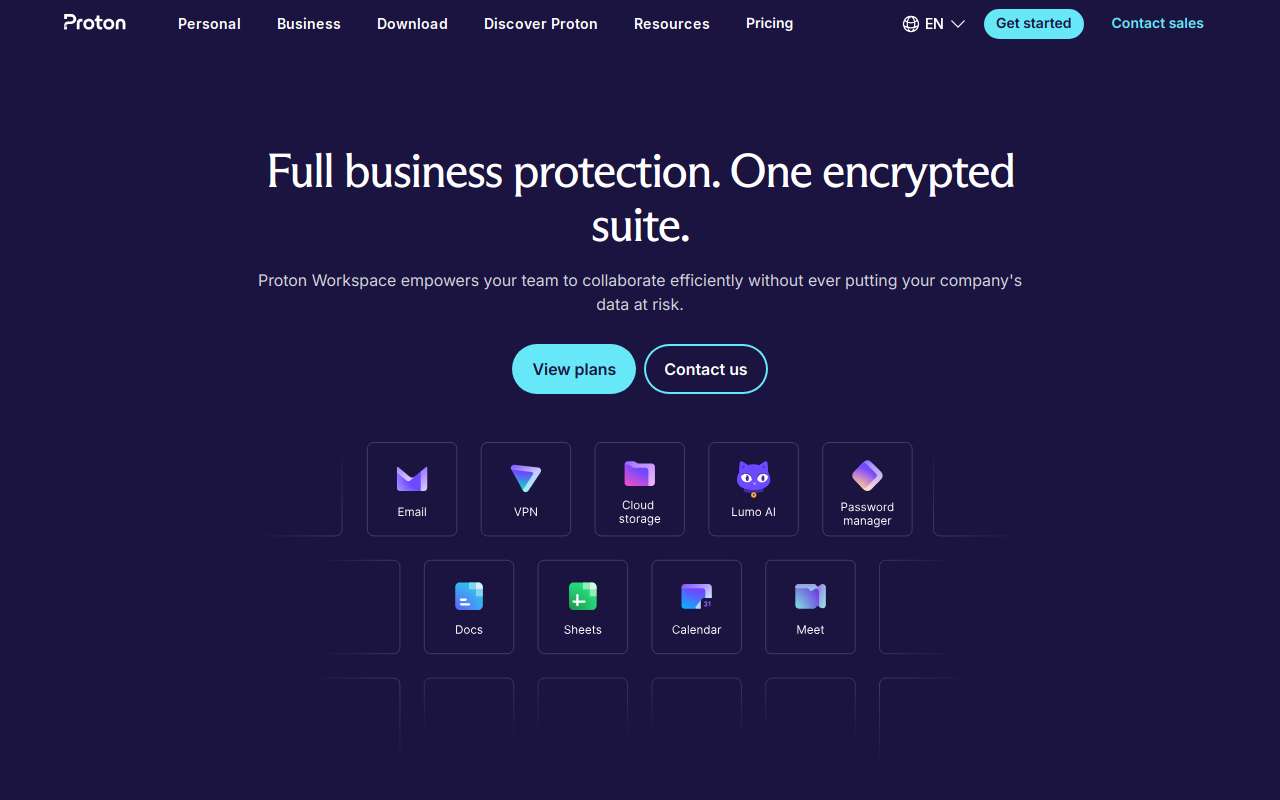 The Proton Mail for Business home page, as my checks saw it
