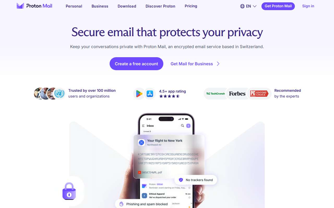 The Proton Mail home page, as my checks saw it