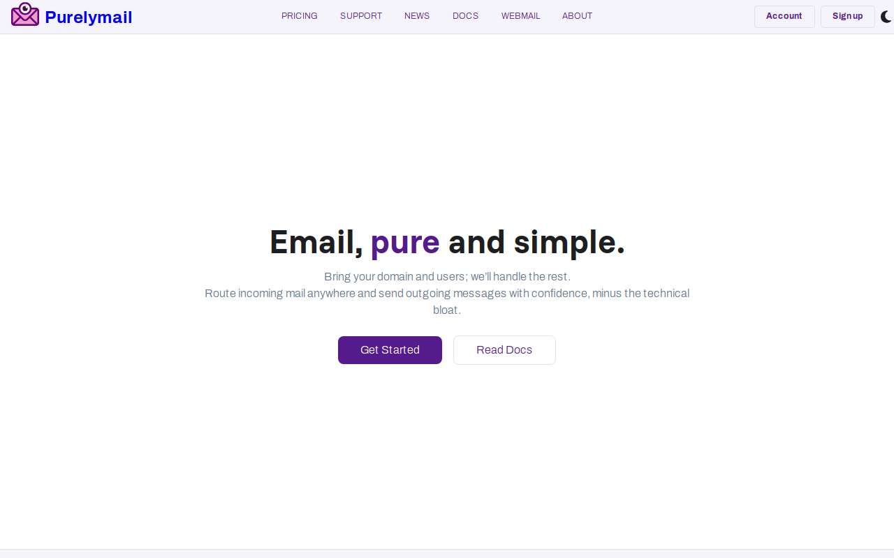 The Purelymail home page, as my checks saw it